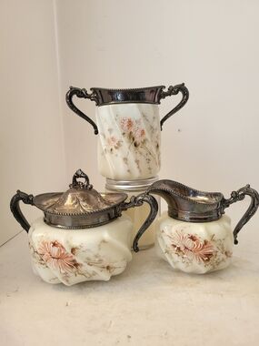 1890s WaveCrest CF Monroe Painted Opal Glass 3pc Creamer/Sugar/Spooner